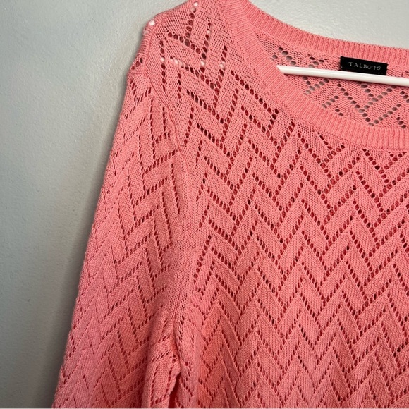 Talbots Womens PINK Open-Knit Chevron Pullover Linen Blend Sweater Sz L 3/4 Slee - Picture 4 of 11